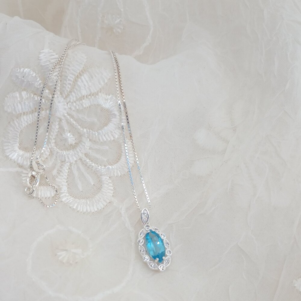 Blue Topaz Cubic Zirconia JC 925 Sterling Silver Necklace 18" Box Included ~ NIB - Picture 9 of 9